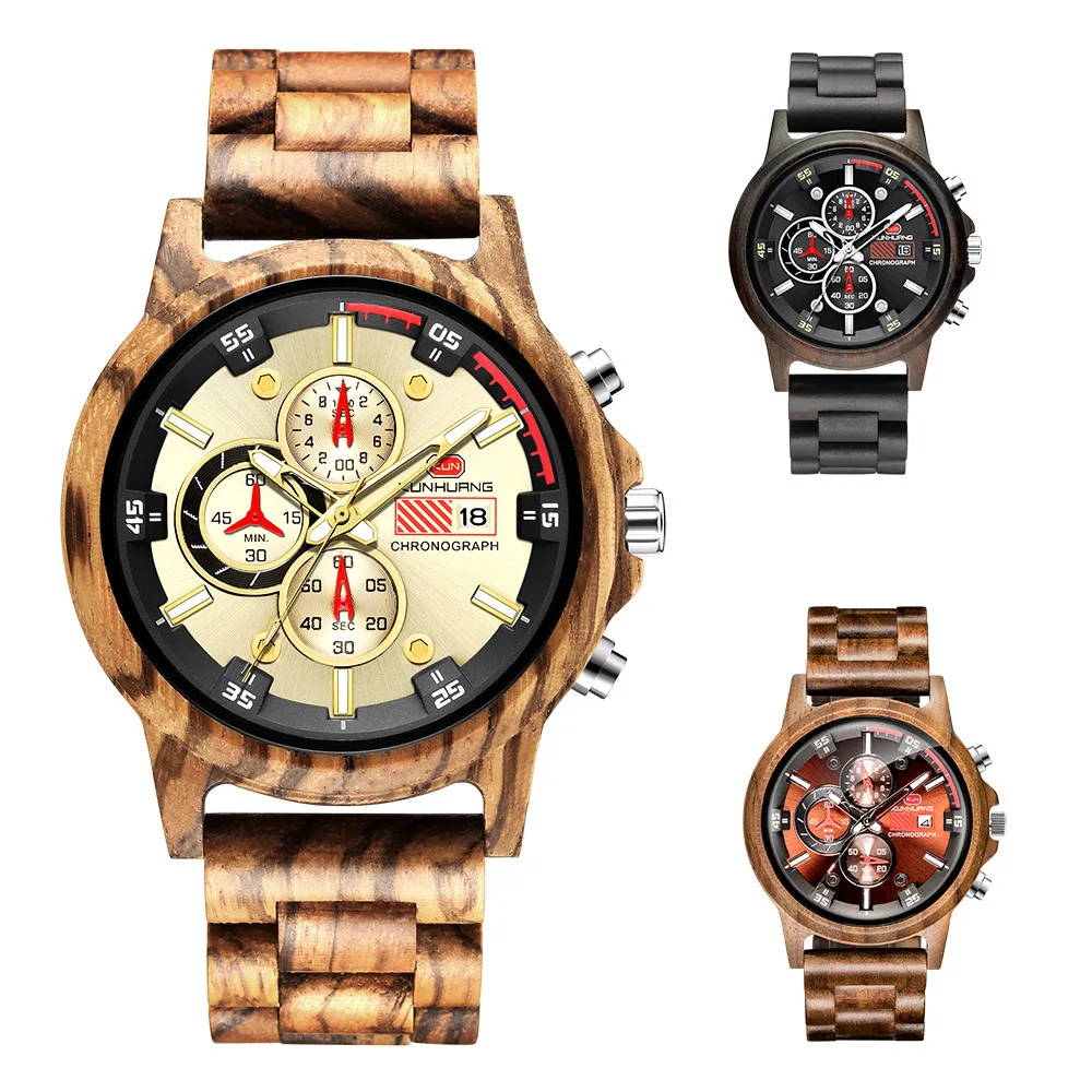 

Kun Emperor Wood Wrist Watch Male More Function Motion Man Quartz Wrist Watch Wood creative Watches