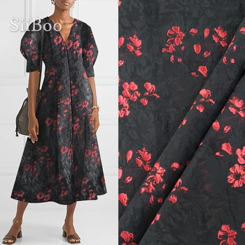 

American style black with red floral jacquard brocade fabric for dress coat autumn spring jacquard tissue tecidos cloth SP4837