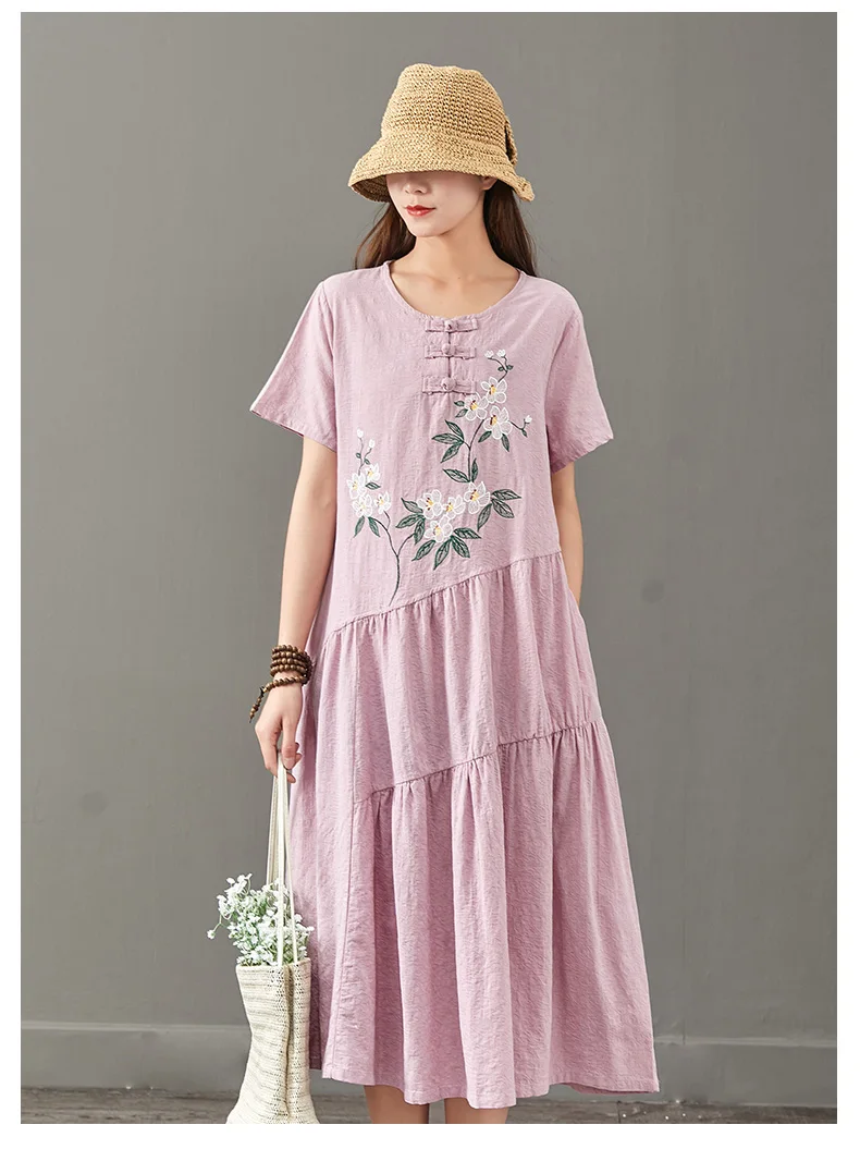 Летнее Новое винтажное длинное платье с вышивкой женское Красное хлопковое льняное платье с круглым вырезом и коротким рукавом с цветочным рисунком Женская одежда