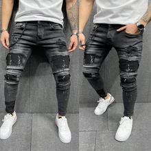 Aliexpress - New Fashion Men’s Jeans Spliced Ripped Casual slim jeansDenim pants pencil Jeans Slim Patch  Pants Elastic waistline S-3XL
