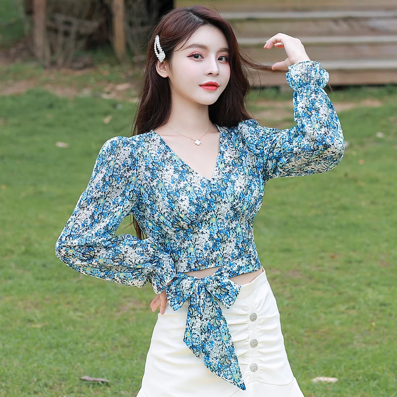 

2020 floral chiffon shirt women's self-cultivation autumn style fashion v-neck high waist short hem knotted long-sleeved shirt