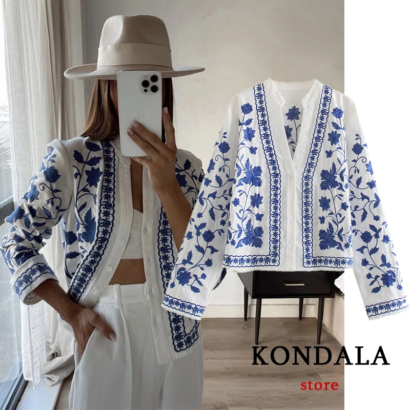 KONDALA Za Women Cardigan Shirts New Embroidered Tops Streetwear Vintage 100% Cotton Loose Mujer Sun Protection | Женская одежда