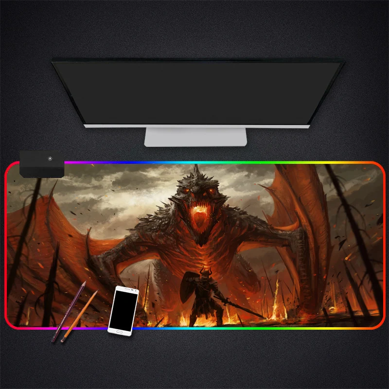 Игровой RGB коврик для мыши с аниме драконом большой скоростных игр фиксируемой кромкой светодиодный мягкий