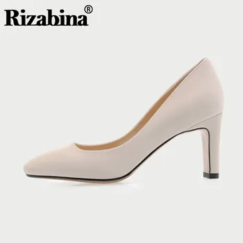 

RizaBina Women Pumps Shoes Fashion Square Toe Solid Color Real Leather Shoes Women Thick High Heels Office Footwear Size 34-40