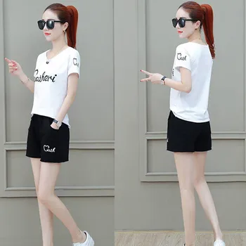 

Two Piece Set Womens Summer Casual Fashion Letter Printed Sleeve T Shirt + Pockets Fashion Shorts Loose Korean Female Sets
