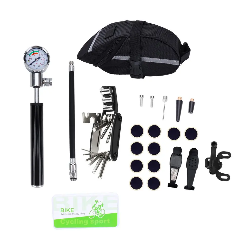 

16 in 1 Portable Multifunction Cycling Bicycle Tire Repair Tools Kits Bag Mountain Cycling Bike Tyre Pump With Pressure Gauge