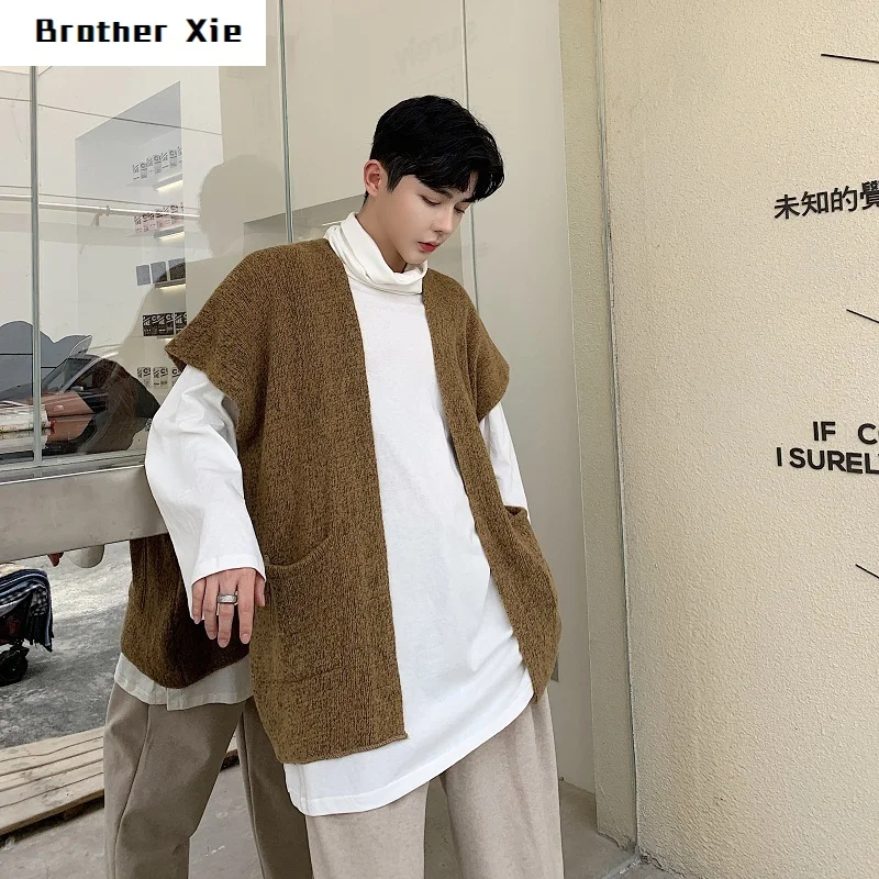

Winter New Sweater Cardigan Men Fashion Solid Color Casual Knit Pullover Vest Man Streetwear Hip Hop Loose Sleeveless Sweater