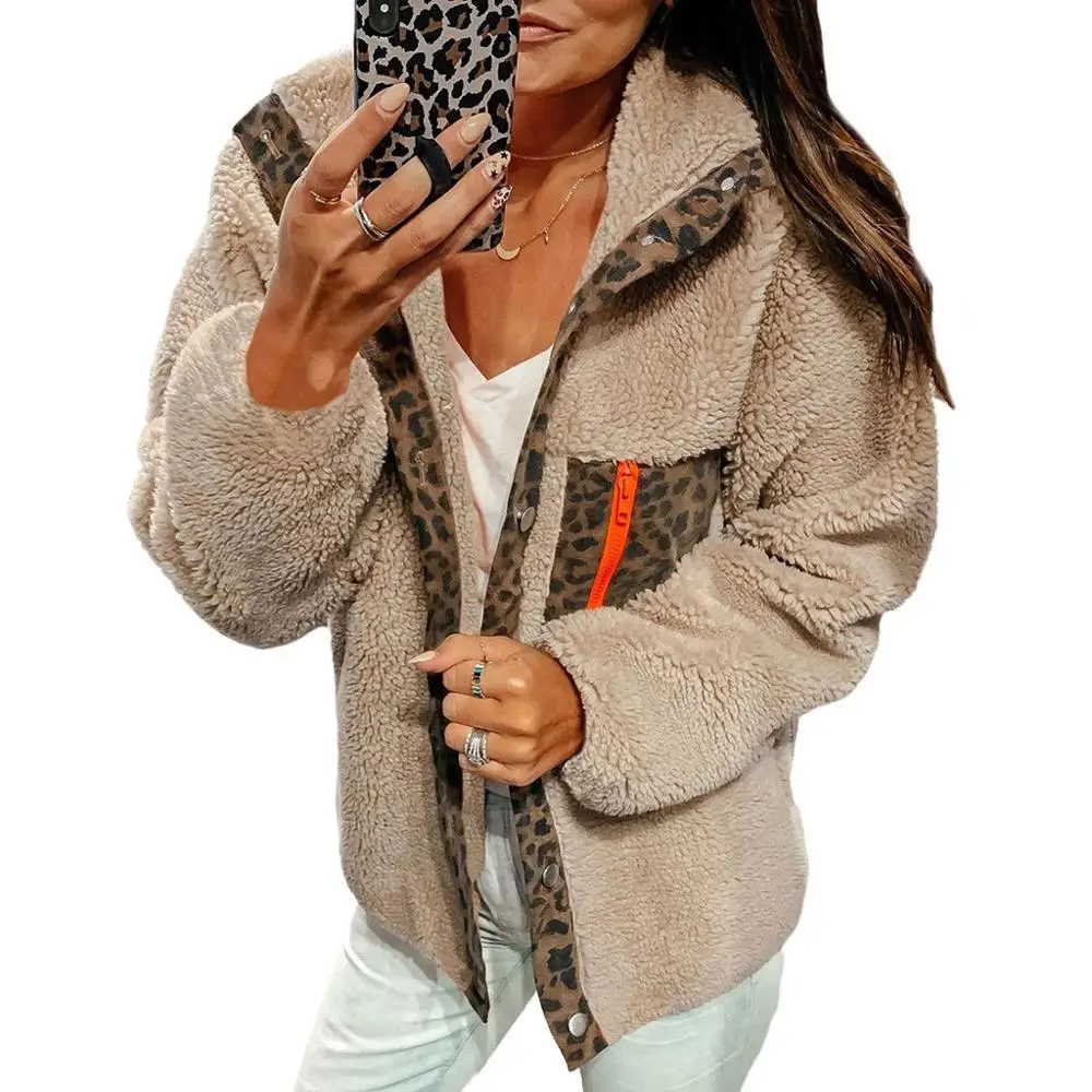 

Plush Lambskin Coat Women Winter Fluffy 2019 Fashion Leopard Long Sleeve Lapel Fake Fur Coat Warm Soft Female Overcoat