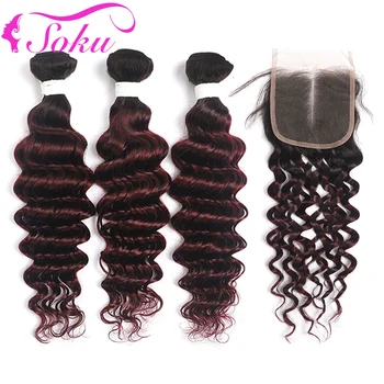 

Deep Wave Bundles With Closure 4x4 SOKU T1B/99J Ombre RedWine Human Hair Bundles With Closure Two Tone Non-Remy Hair Extension