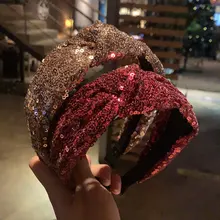 

2021 New Fashion Woman Fabric Knotted Hairband Elegant Retro Sequins Pressed Headband Ladies Bezel Headwear Hair Accessories