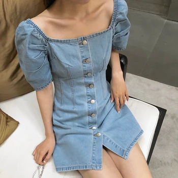 

2020 New Korean blue cowboy dress square collar puff short sleeve single-breasted mini dress summer female women sexy dress LQ44