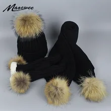 Натуральный мех помпон Skullies шапочки шапка шарф и перчатки трехсекционный набор для женщин вязаная осенняя и зимняя теплая шапка с подкладкой