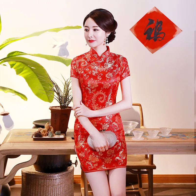 Традиционное китайское мини-платье для женщин, воротник-стойка, сексуальные платья Qipao, Чонсам с цветами, плюс размер 3XL, вечернее платье