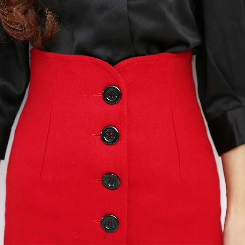 2020 High waist bag hip skirt woolen autumn and winter breasted Casual  Knee-Length  Polyester  Solid  Knee-Length