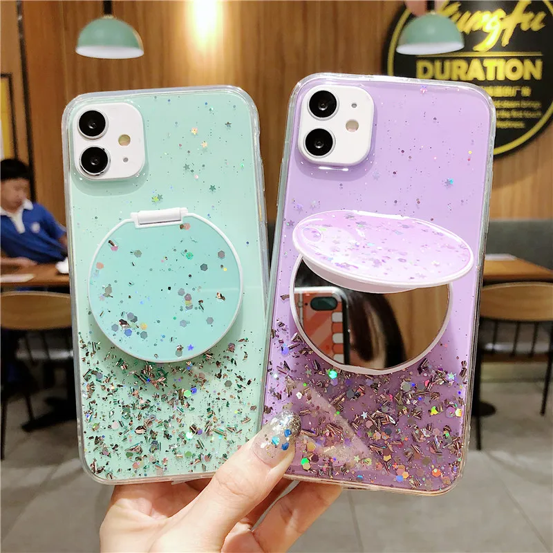 Glitter Case For Samsung Galaxy A10 A20 A30 A40 A50 A70 A51 A71 A6 2018 Note 10 S10 Plus S10e S20 Ultra with mirror Stand Holder