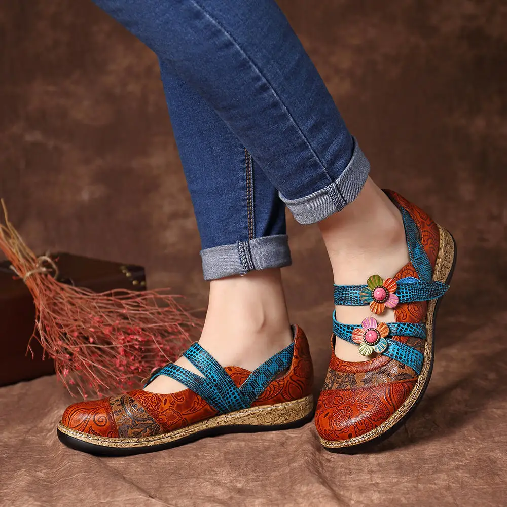 

2020 Summer Hook Loop Genuine Leather Pattern Flat Women Sandals Ankle Strap Casual Zandalias De Verano Mujer Sandals