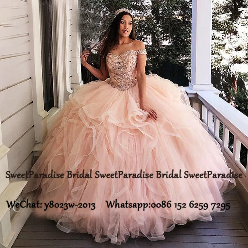 

Pink Quinceanera Dresses With Beads Crystal Off Shoulder Ruffles Ball Gown Long Vestido De 15 Anos Prom Dress Pageant For Girls