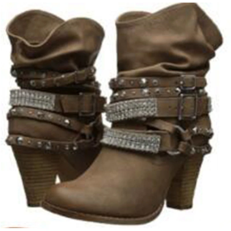 thumbnail image 1 of Botas vaqueras de mujer para invierno, botas de caballero de tubo medio, 2020, cinturón romano retro para mujer, zapatos de cuero de tacón alto, botas vaqueras de pantorrilla ancha, 1 of 5
