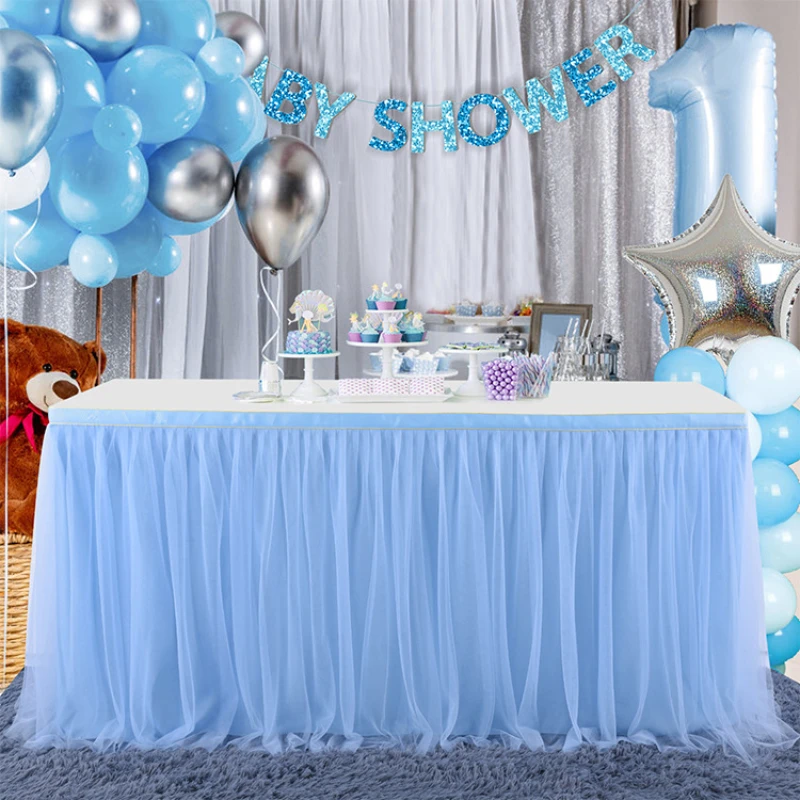 LinTimes Falda de tul de 1,8 m con borla fiestas decoración de mesa para bodas con cinta de hilo colorido hecha a mano azul-morado baby shower 