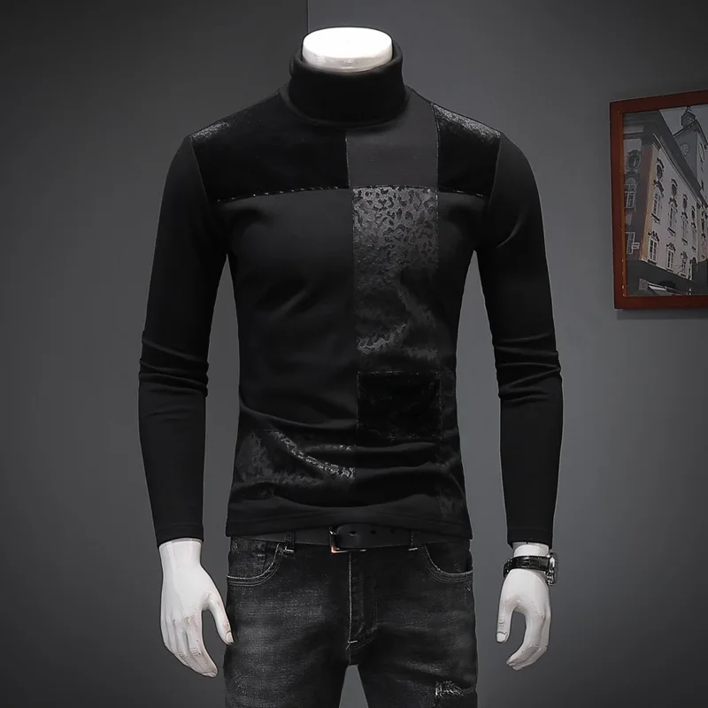 

Men's bottom shirt solid color autumn European stationmaster sleeves men's wear splicing velvet thickened youth