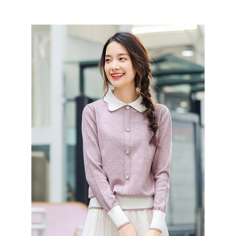 

INMAN 2019 Winter New Arrival Literary Young Turn Down Collar Split Color Elegant Knitted Women Pullover