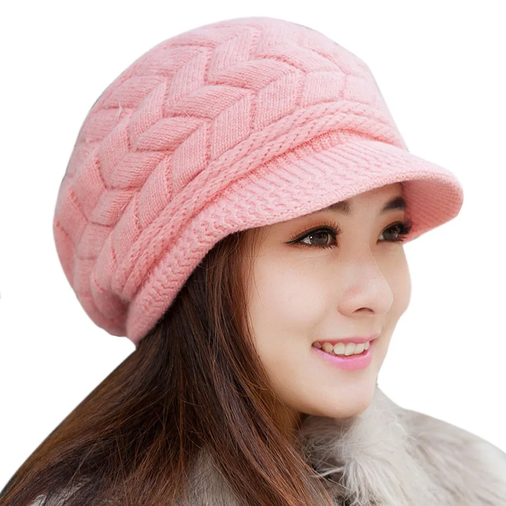 Новая женская зимняя шапка, теплые шапочки, флисовые внутри, вязаные шапки для женщин, шапка с кроличьим мехом, осенняя и зимняя модная женская шляпа - Цвет: Pink