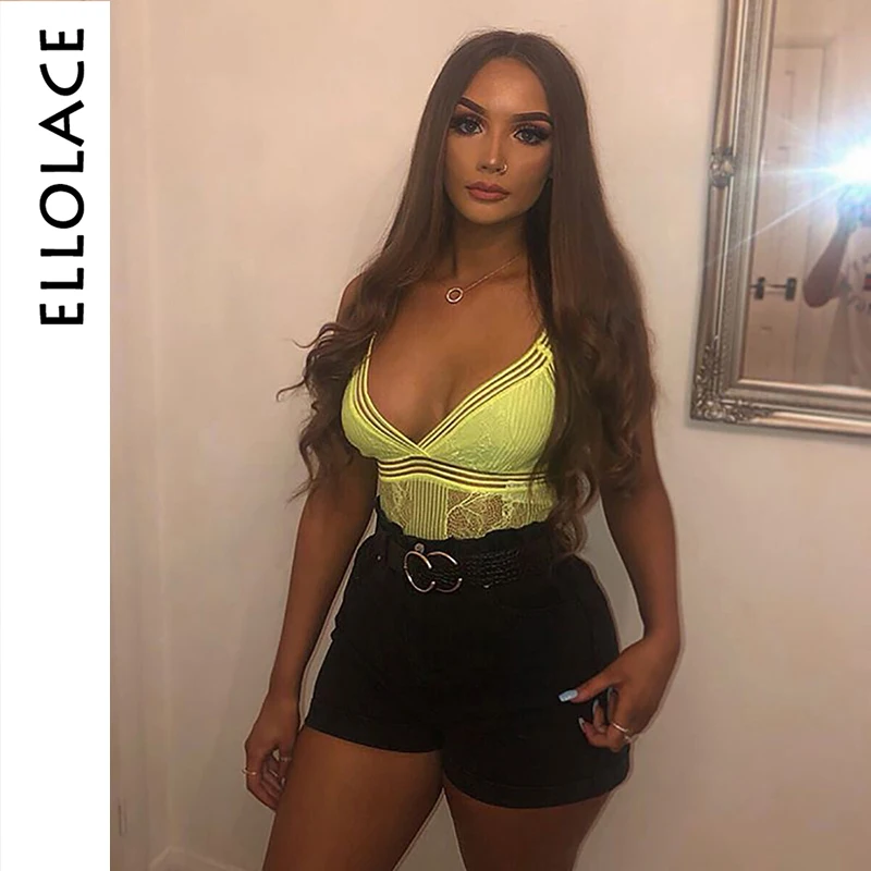 

Ellolace Neon Deep-v Lace Bodysuit Women Strap Mesh Transparent Body Overalls Skinny Female Patchwork Fashion 2019 Basic Rompers