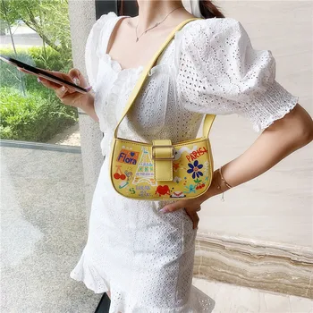 

2020 Vintage Women Baguette Bag Female Small Cartoon Graffiti Handbags Small Shoulder Bags Designer Leather Oxter Axillary Bag