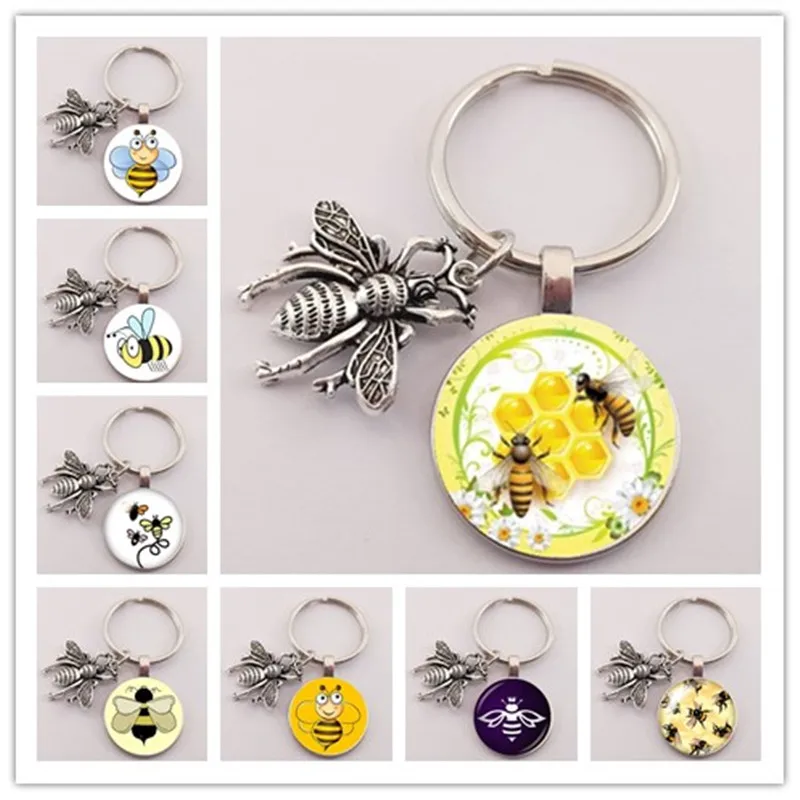 heat! 2020 Fashion Children Cute Bee Series Glass Convex Keychain Wasp Keychain Jewelry Gift