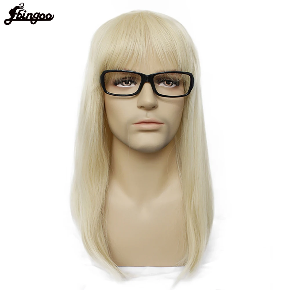 

Ebingoo 70s 80s Hallween Metal Rocker Disco Wig Men Blonde Long Straight Synthetic Wigs with Bangs Mullet Wig for Male Female