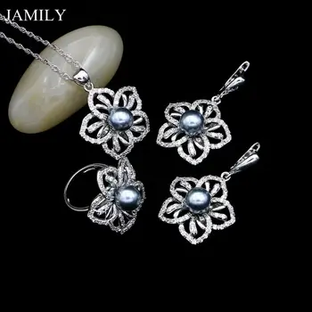 

Fashion Bohemia Gray Pearl Jewelry Sets for Women White CZ Beads Earrings/Pendant/Ring/Necklace Set