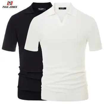 

Paul Jones Men Short Sleeve Breathable Knitted Shirt Tops Lapel Collar V-Neck Polo-Shirts Summer Solid Comfortable Tee Shirts