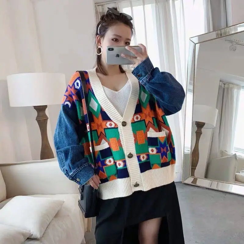 Spring Woman Sweater Knitting 2020 New Girl V-neck Stitching denim Long Sleeve Cardigan Colorful pattern Printed Sweater Winter Spring Woman Sweater Knitting 2020 New Girl V-neck Stitching denim Long Sleeve Cardigan Colorful pattern Printed Sweater Winter