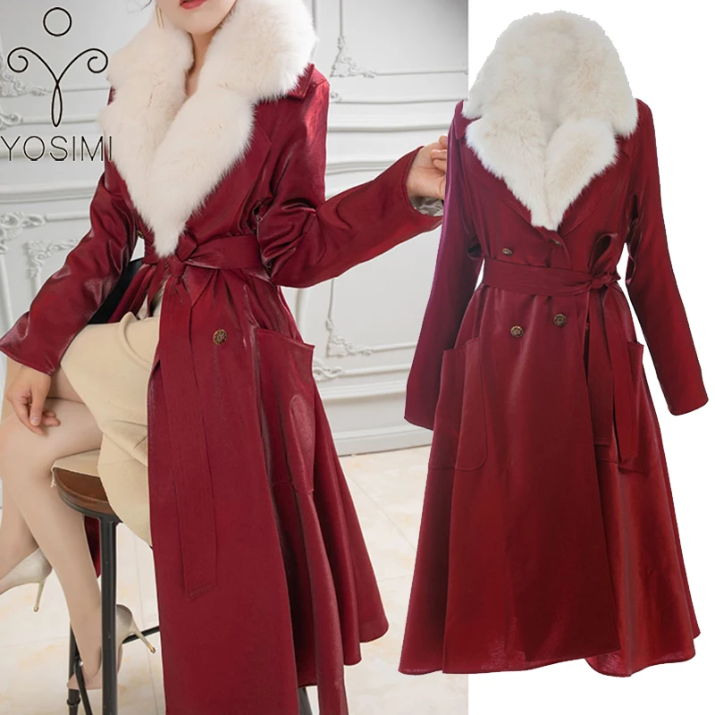 

YOSIMI 2020 Winter New White Duck Down Coat Red Gilt Grosgrain Fox Fur Collar Skirt Coats Long Women Warm Plus Size Down Jacket