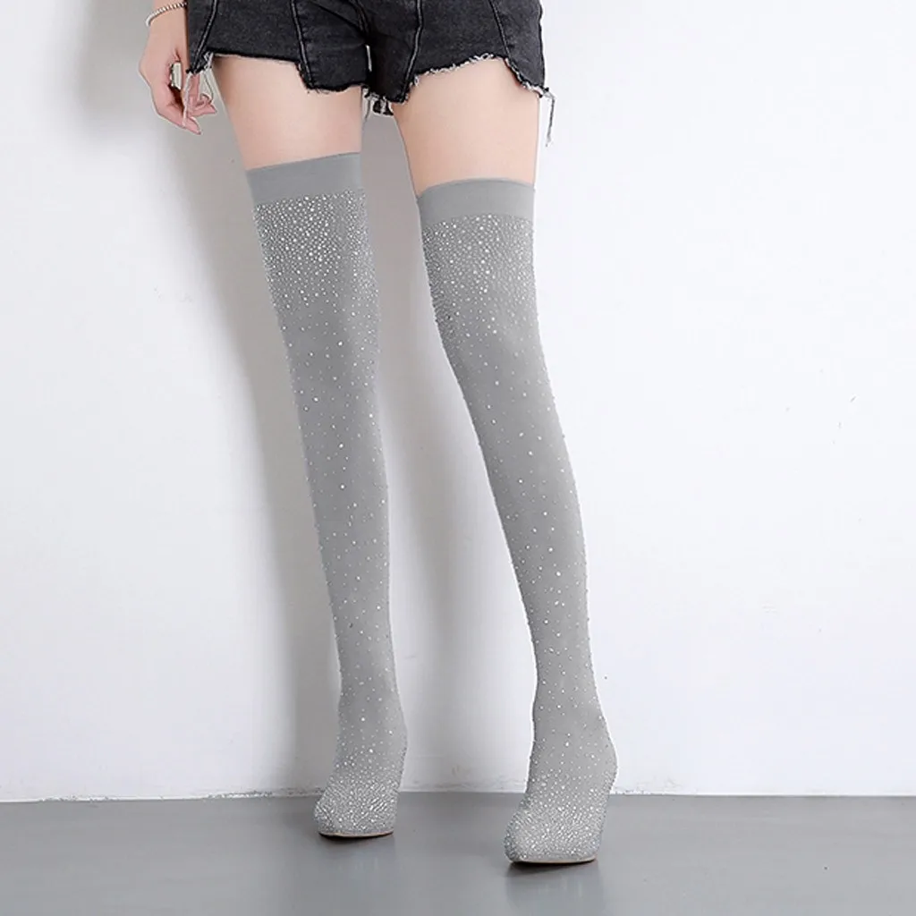 

Women Sexy Over-The-Knee Boots Fashion Crystal Elastic Winter Autumn Boots Woman Pointed High Heels Shoes Soft Stockings Booties