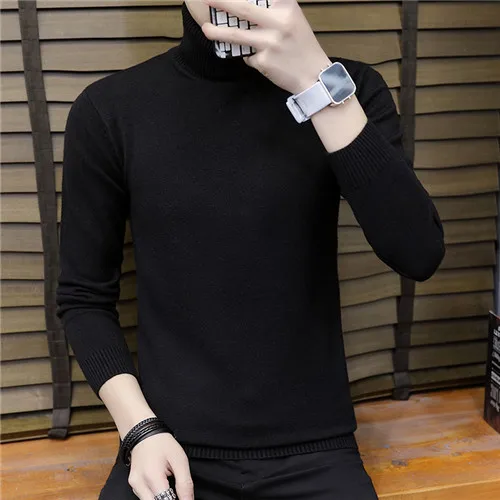 Men Turtleneck Sweater Autumn Winter Solid Color Casual Sweater Men's Slim Fit Knitted Pullovers Bottoming Jumper - Цвет: Черный