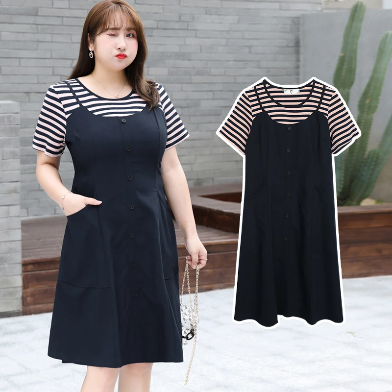 chubby Girl】large Size Korean Preppy Style Striped Fake Two Piece Dress  Summer Fat Plus Size Fashion Junior Women's Dress 7091 - Dresses -  AliExpress