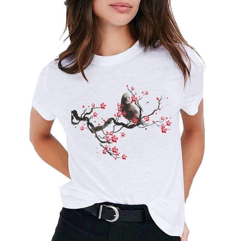 Chinese style print Women t shirt Fashion Short sleeve O-Neck t-shirt Casual Harajuku White Tops Simple pullover camisetas mujer