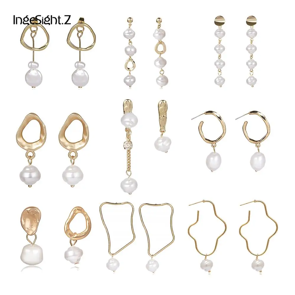 

IngeSight.Z Bohemian Irregular Imitation Pearl Drop Earrings Statement Matte Golden Geometric Dangle Earrings for Women Jewelry