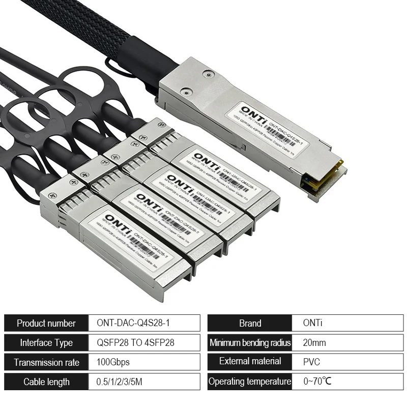 ONTi 100G QSFP28 to 4xSFP28 DAC Cable 0.5M 1M 2M 3M 5M Passive Direct Attach Copper Twinax Cable