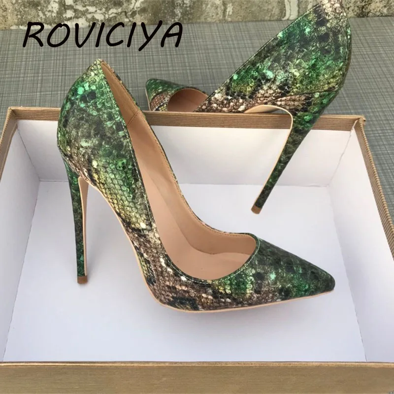 Woman Shoes Stilettos Snake-Pattern High-Heels Printed ROVICIYA Green 12cm Multi-Colors