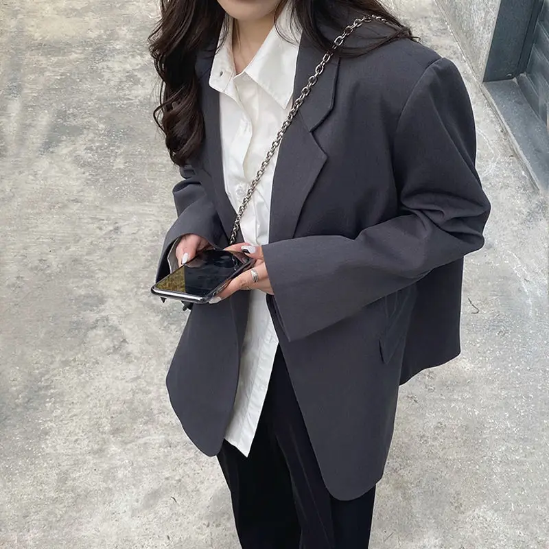 Blazers Women Loose Single-button Outwear Gray Simple Pure Female Office Lady Streetwear Soft All-match Notched Tender Ins Y2K