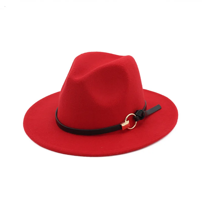 red Осенняя женская шляпа, элегантная, повседневная, простая, Осень-зима, Панама, шерсть, фетровая шляпа с плоским козырьком, джазовые фетровые шляпы с кожаным поясом - Цвет: red