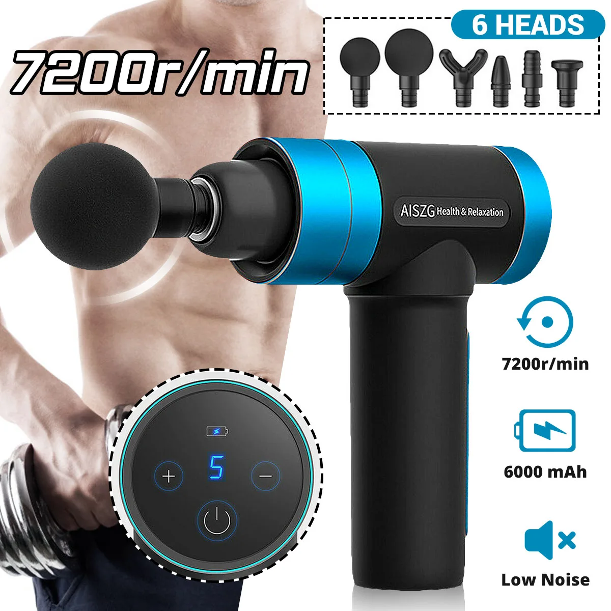 

7200 r/min Therapy Massage Gun 5 Gears Muscle Massager Pain Sport Massage Machine Relax Body Slimming Relief 6 Heads LCD Display
