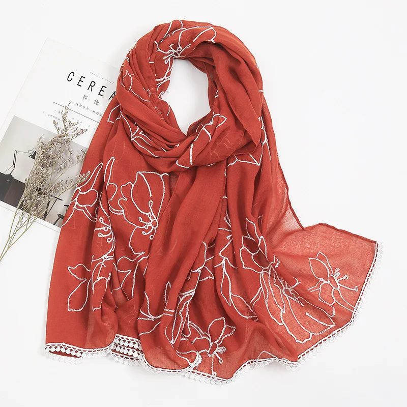 

Cotton Linen Embroidered Lace Silk Scarf All-match Big Shawl Monochrome Long Autumn Winter Warm Thin Gauze Sunscreen Beach Scarf