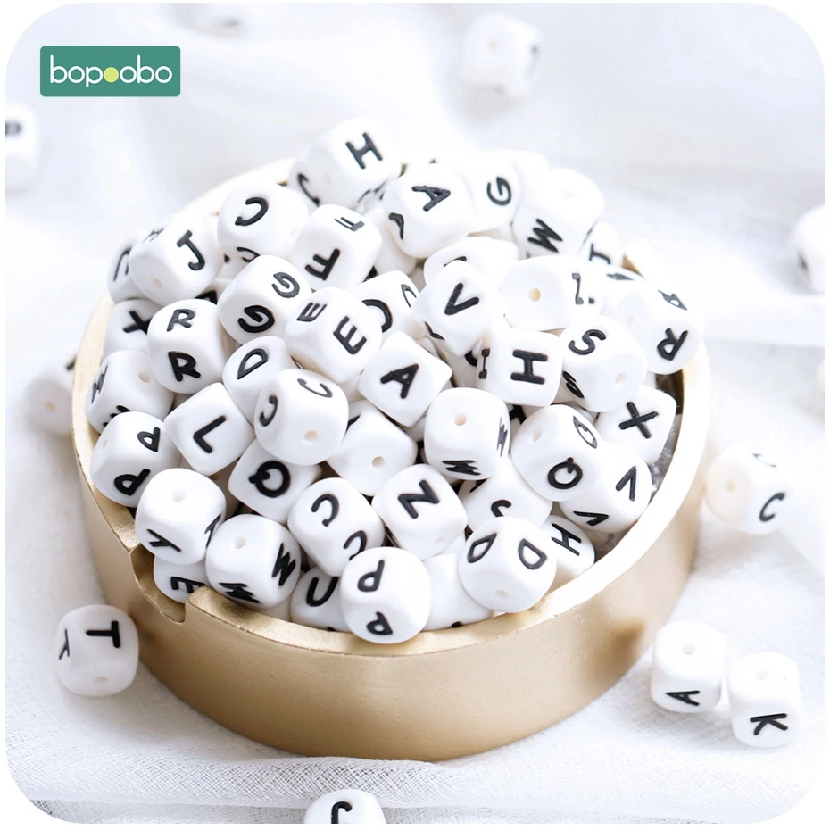 Bopoobo 20Pc Silicone Alphabet Baby Teething Letters Beads For Rattles Silicone Pearl Teether Beads 12MM Baby Silicone Teether
