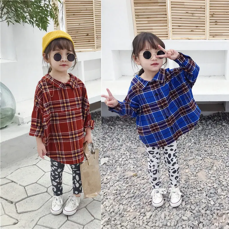

Girl'S Shirt Plaid Back Slit Long Shirt Dress 19 Spring Clothing New Style Childrenswear 3-8-Year-Old