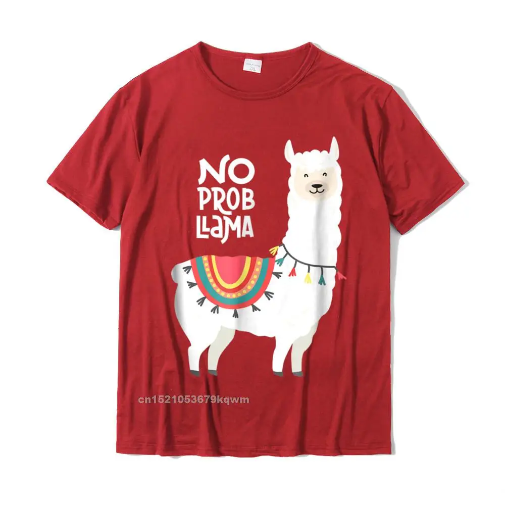 Classic Cotton Tops Shirts for Men Printed On T-Shirt Gift Brand Round Collar Tops Tees Short Sleeve Free Shipping Cute quot No Prob Llama quot Llama Funny Tshirt__4460 red