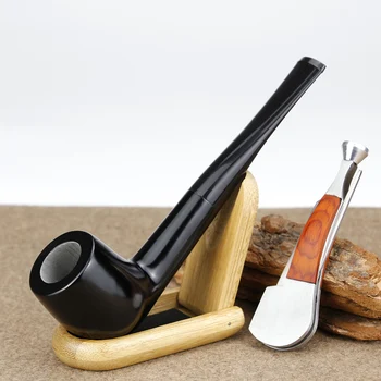 

High Quality Straight Smoking Pipe Bamboo Stand 3in1 Multifunction Tool Set Pure Black Tobacco Pipe Ebony Wood Pipe Set