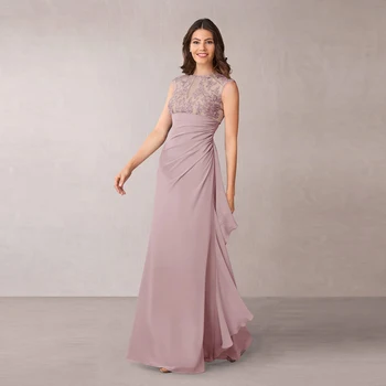 

Gorgeous Dusty Rose Lace Top Jewel Neck Cap Sleeves Mother of the Bride Dresses Pleating Wedding Party Gowns Full Length 2020